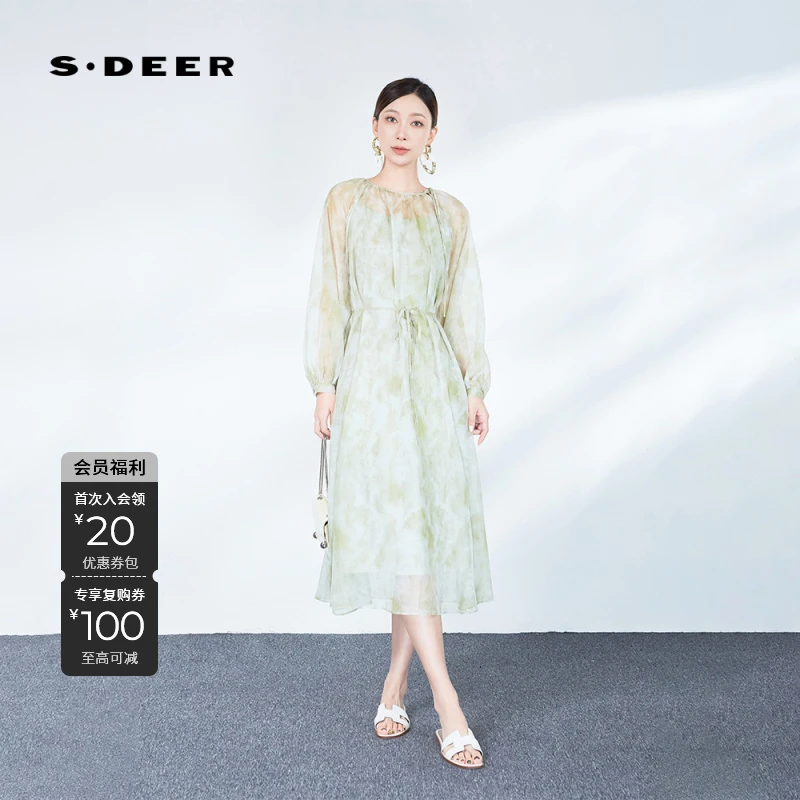 S·DEER圣迪奥女装连衣裙碎花气质长裙时尚印花法式裙子S243Z1238