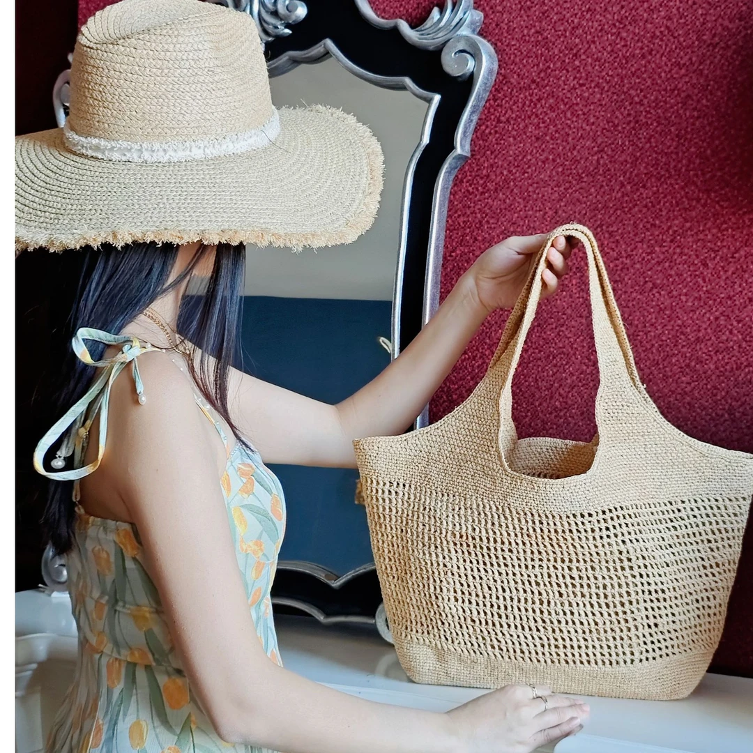 2025新款拉菲草手工镂空草编包沙滩包大号度假风单肩包手提包夏女
