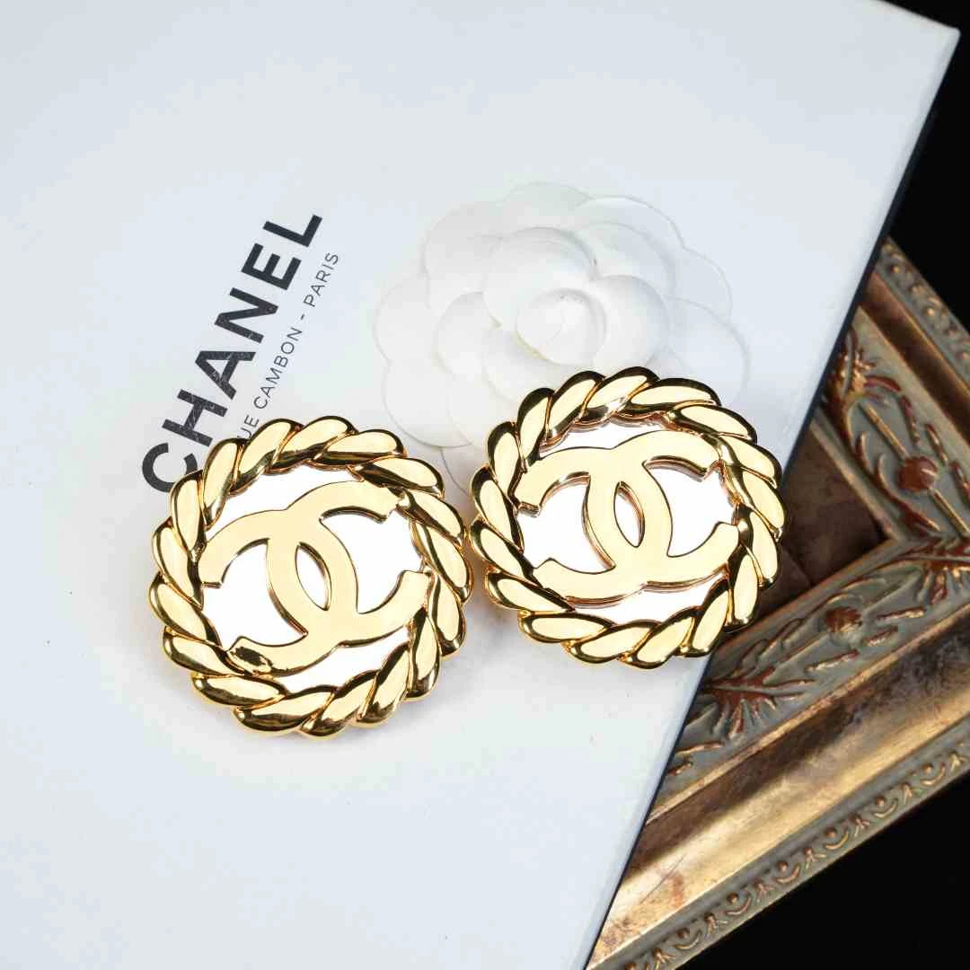 95新 Chanel/香奈儿 柚礼中古/香奈儿素金双c镜面耳夹le508054