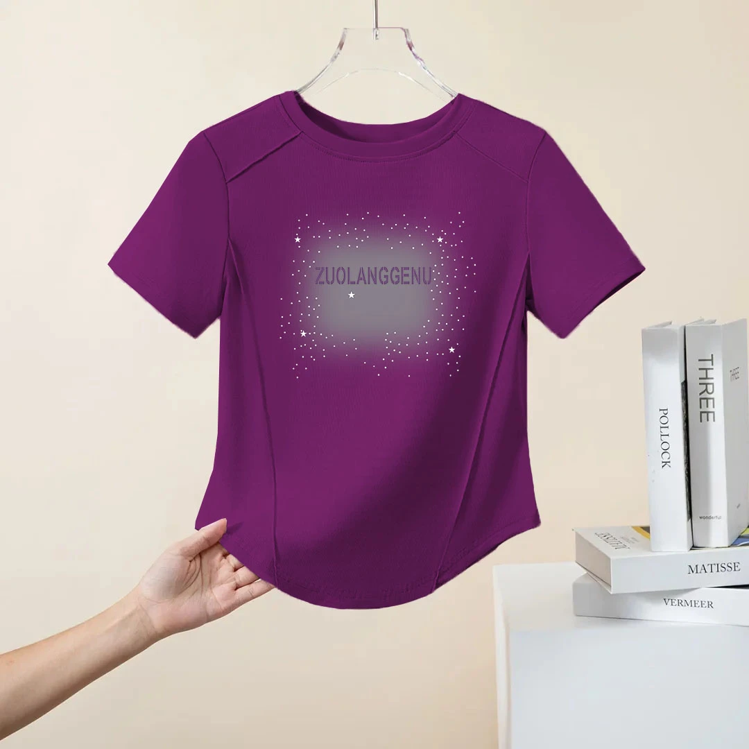 鱼骨纹圆领女士T恤2025夏季洋气薄款纯棉半袖不规则设计弧形上衣