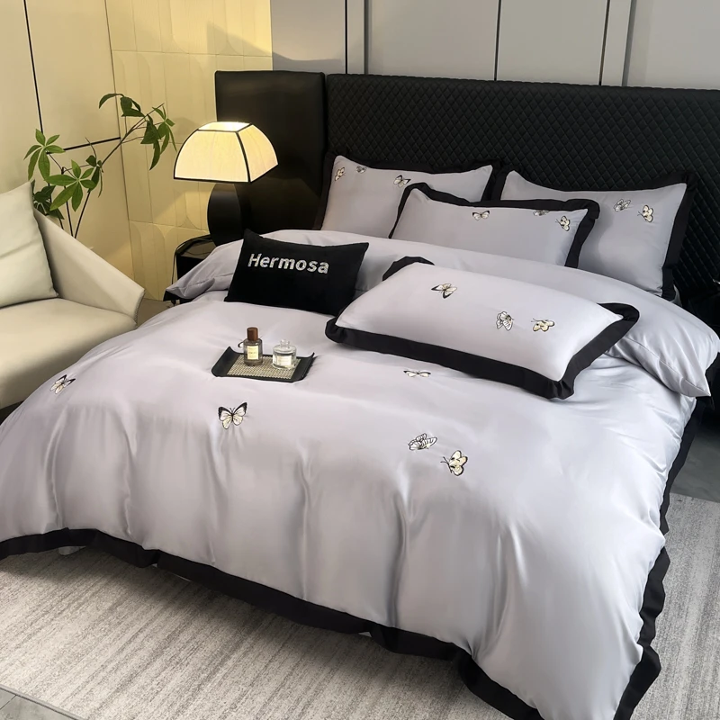时尚简约刺绣丝滑凉感冰丝四件套80支夏季被套床上用品床品套件