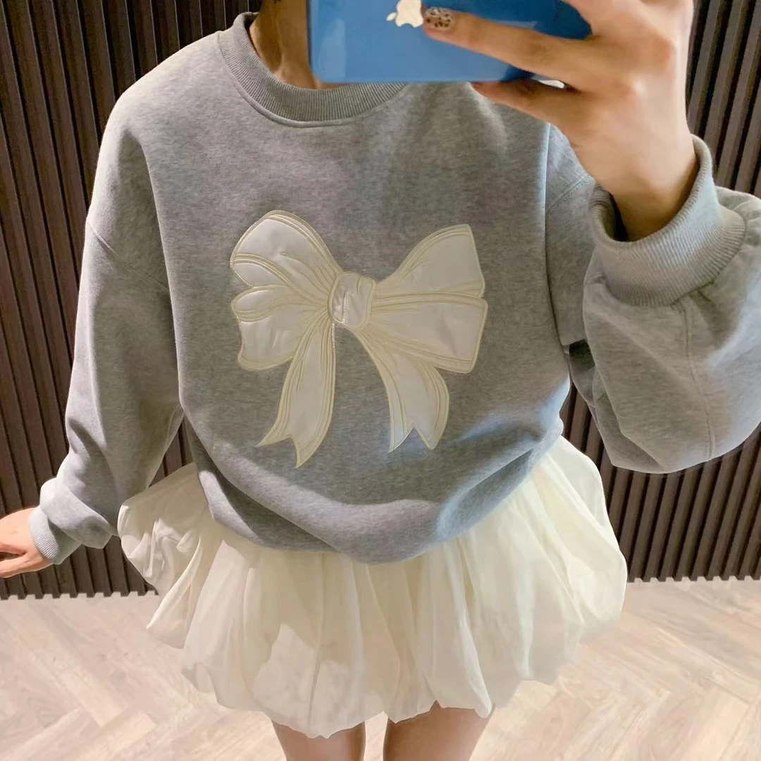 wyd小樱桃 北海道少女 秋季韩系小圆领宽松蝴蝶结卫衣