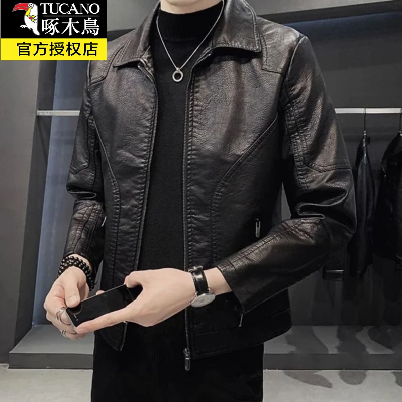 啄木鸟海宁皮衣百搭帅气男士时尚休闲薄款潮流加绒修身翻领上衣