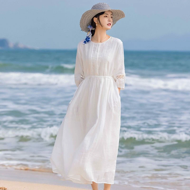 春夏新款白色飘逸细苎麻蕾丝花边灯笼袖系带显瘦连衣裙