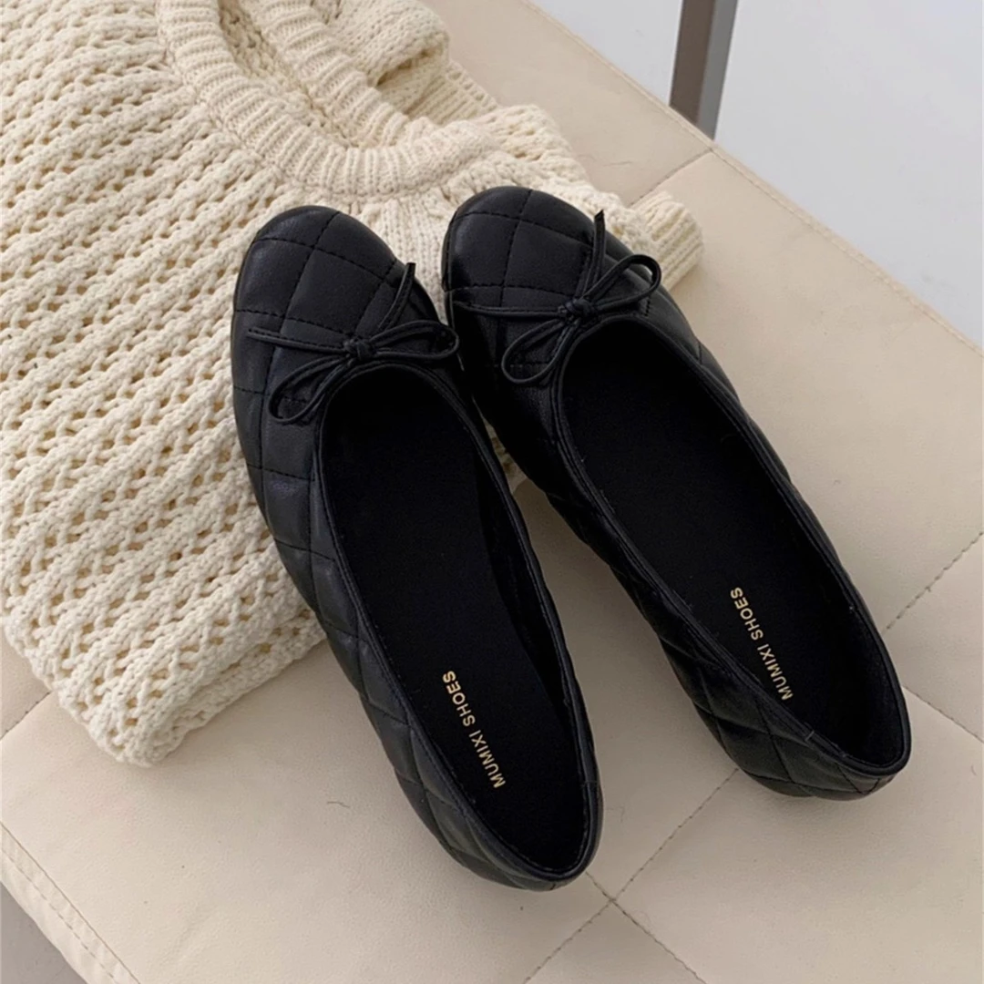 韩版时尚气质菱格玛丽珍鞋新款圆头软底蝴蝶结温柔晚晚风浅口单鞋