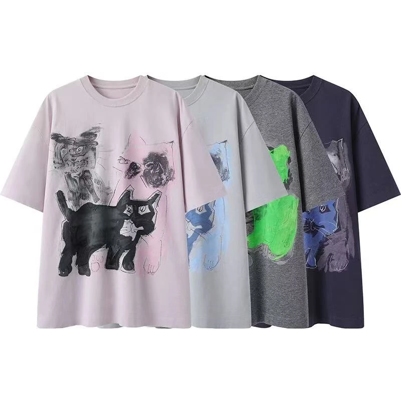 【喵星人】春新款时尚百搭宽松显瘦猫咪印花圆领短袖T恤上衣X2791