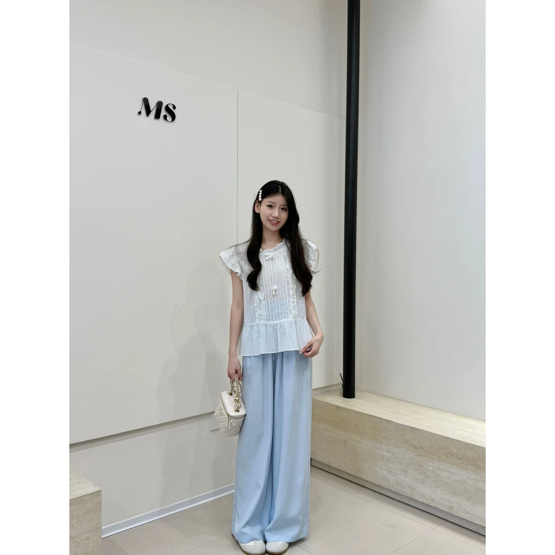 韩系圆领木耳边衬衫女百搭小飞袖上衣2025夏新款
