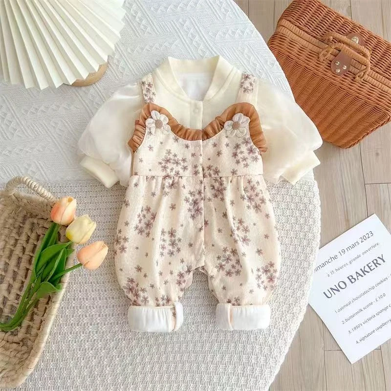 春装婴儿连体衣双层碎花春秋女宝宝哈衣爬服新生儿衣服外出服洋气