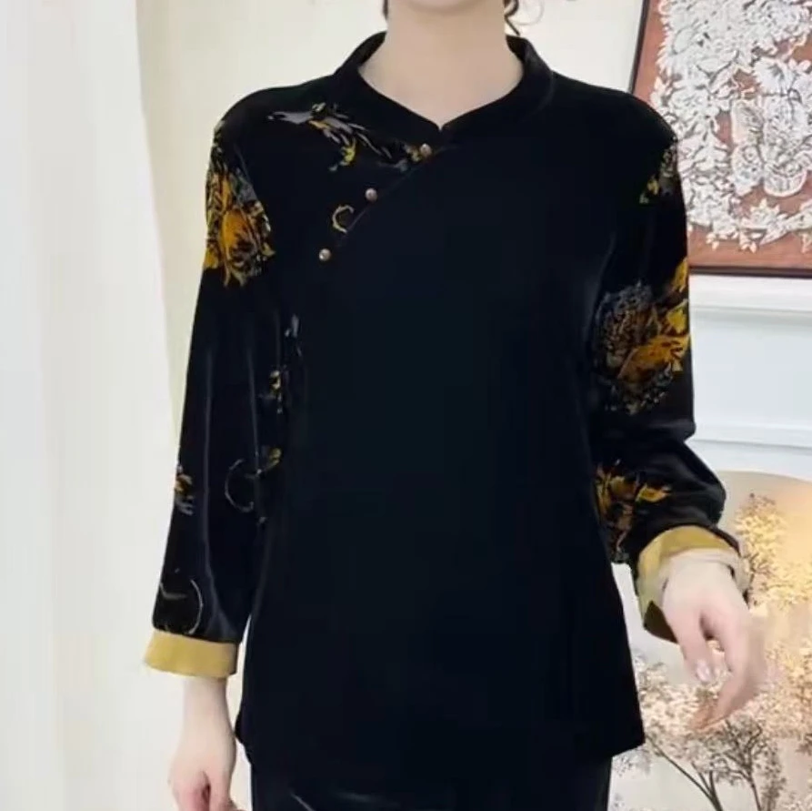6565真丝绒立领斜襟设计感新中式时尚洋气女装上衣