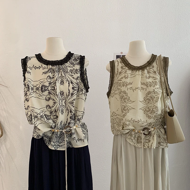 圆领撞色木耳边印花无袖背心后背纽扣套头休闲上衣女