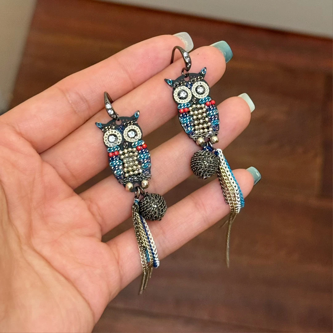 铜合金合成锆石耳饰 E0639东大门定制猫头鹰流苏百搭耳环时尚长款