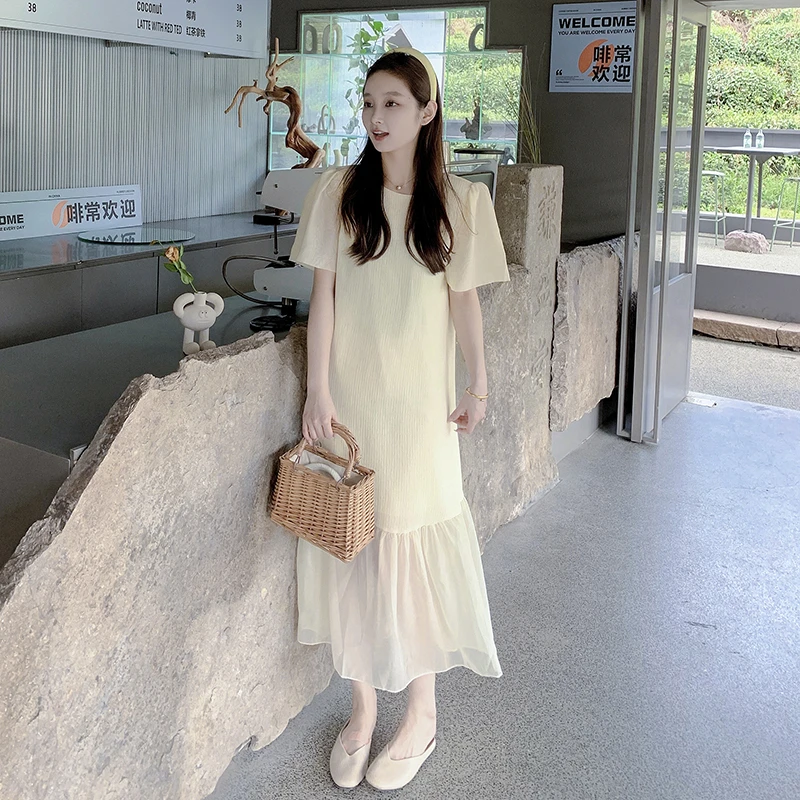 套头不褪色纯色长裙拼接连衣裙宽松夏季裙子夏装泡泡袖tenniscore