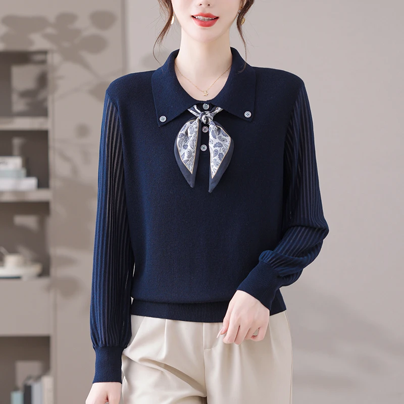 丝巾领上衣女春秋季高端气质小衫漂亮减龄纱袖针织打底衫薄款毛衣