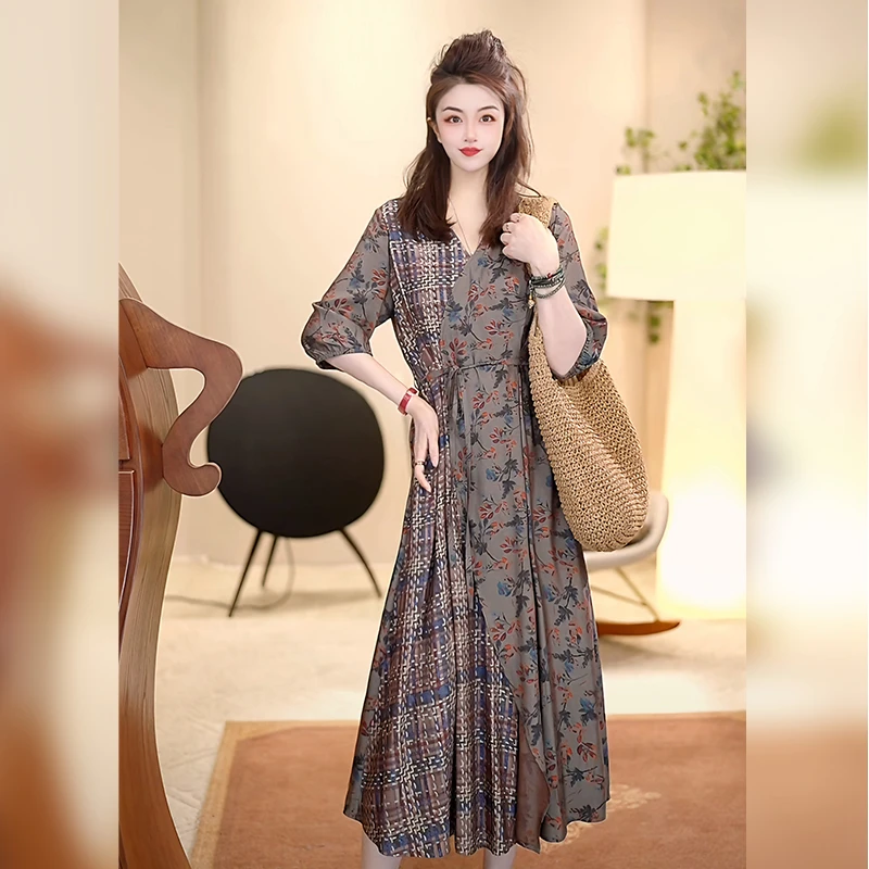 【Linda姐高端线】新款复古高档气质印花显瘦连衣裙AA5LYH0882