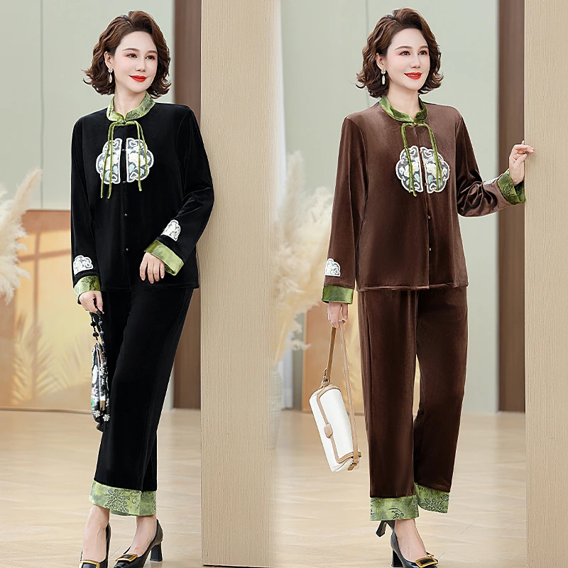 【大唐夫人】春装丝绒套装洋气春夏新款中式上衣中老年女春秋衣服