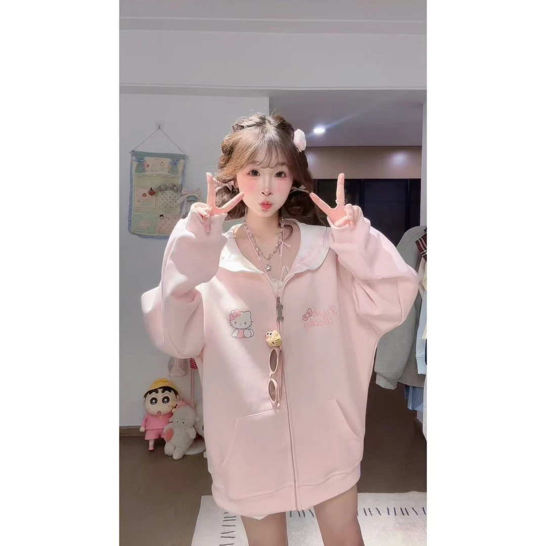 2025秋季新款拼色海军领卫衣女宽松休闲卡通印花长袖外套