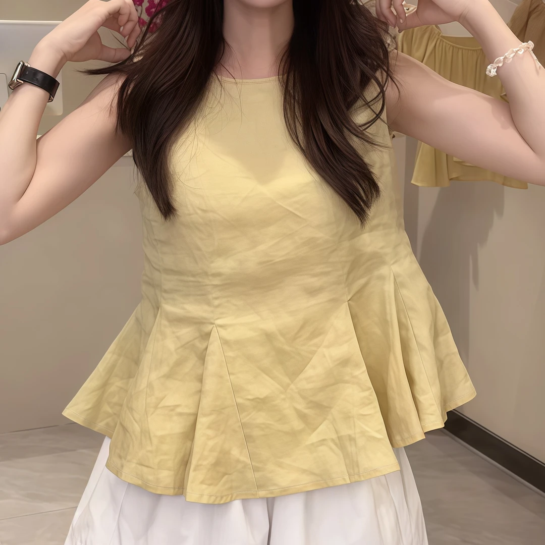 【空气几何】夏季新款高级感宽松显瘦气质无袖T恤女收腰褶皱上衣潮