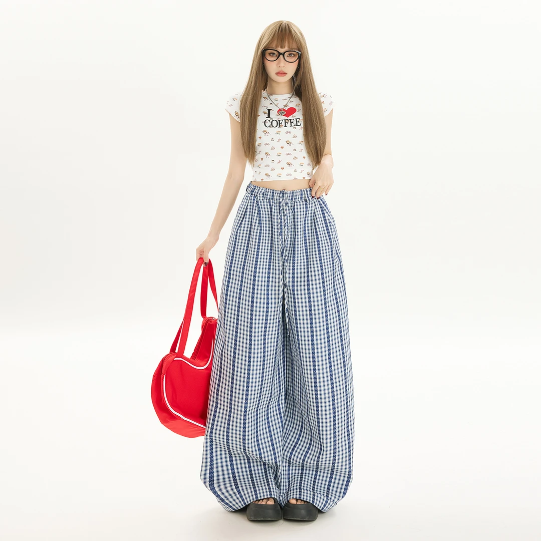 Busrr美式复古直筒休闲裤女2025春季新款松紧腰阔腿拖地长裤子