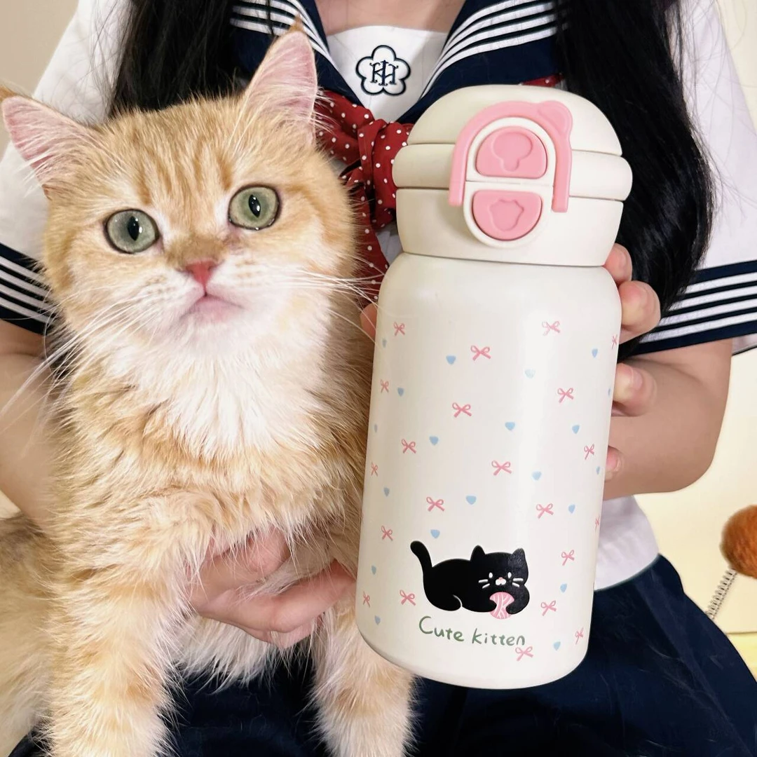 恒度小猫杯子高颜值大容量316不锈钢保温杯女生上学礼物吸管杯子