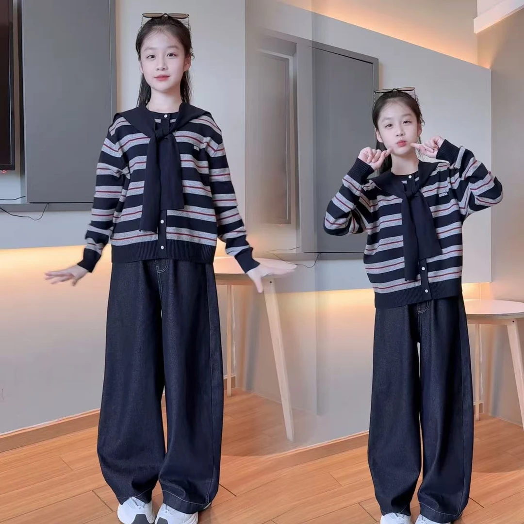 女童秋款条纹针织线衫牛仔裤套装中大童时尚披肩上衣阔腿裤两件套