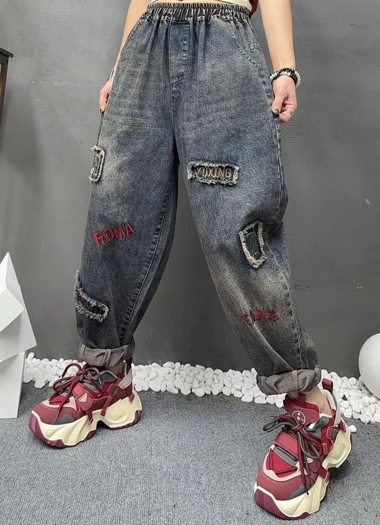 春季女装新款宽松舒适字母刺绣磨白水洗软牛仔裤休闲时尚哈伦裤