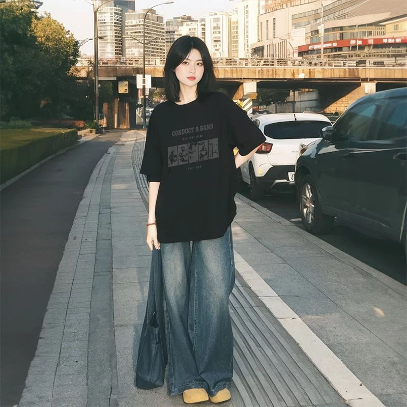 黑色短袖t恤女装2025新款爆款夏季设计感半袖美式慵懒chic打底衫