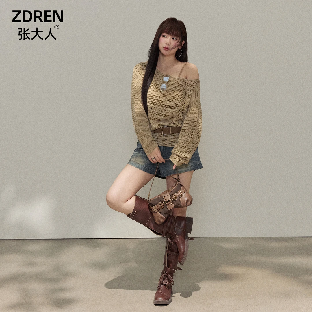 张大人【秋日奶茶】大码女装微胖妹妹性感辣妹复古斜肩上衣美式短裤