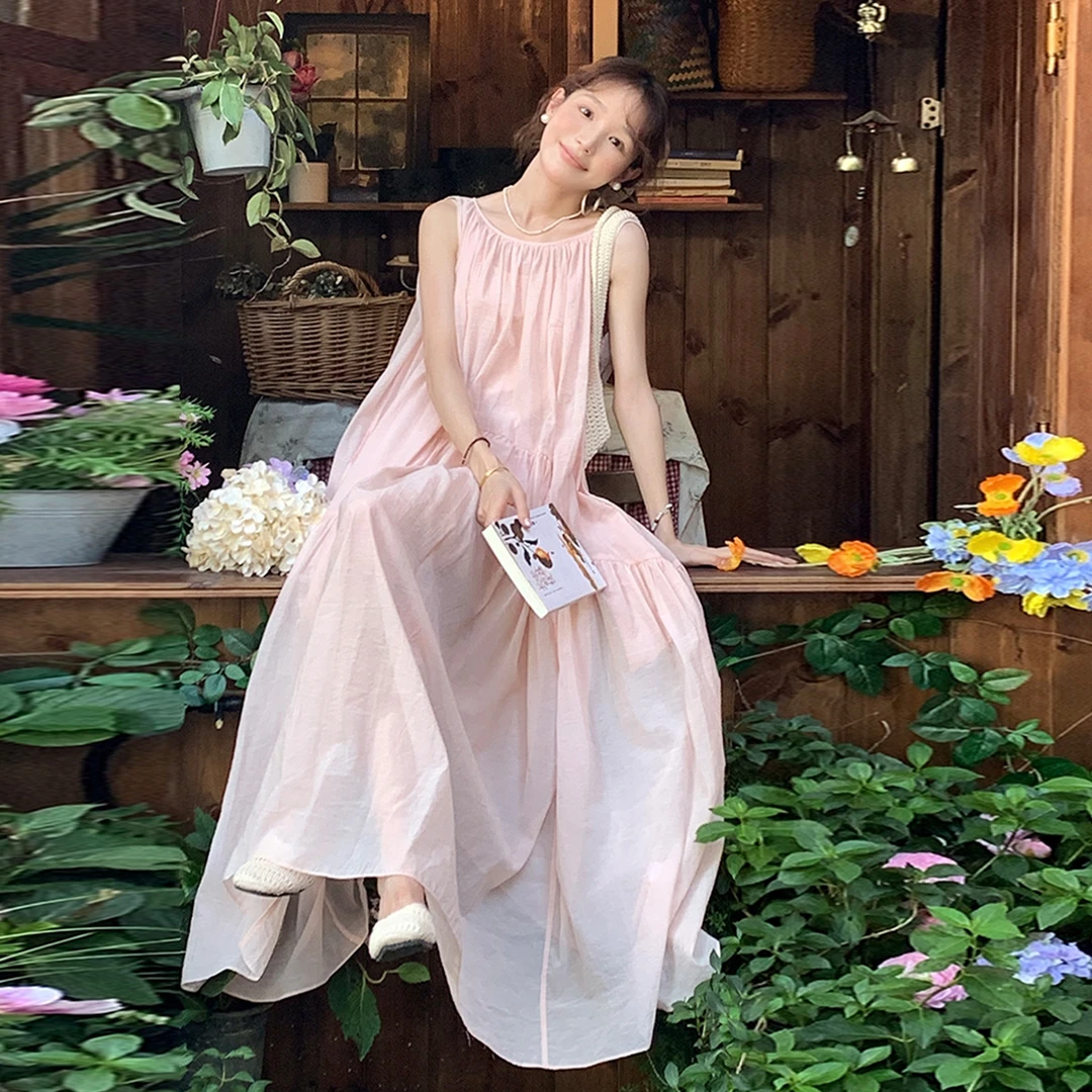 粉色无袖连衣裙子女夏季2025新款夏天巨好看绝美吊带长裙海边度假
