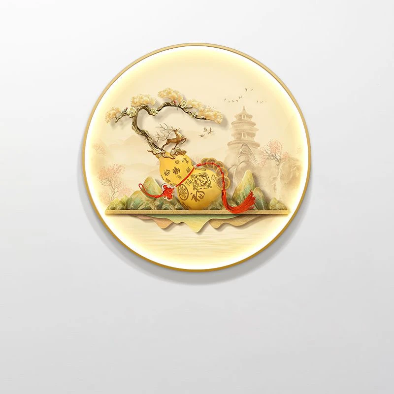新中式圆形玄关装饰画葫芦禅意茶室壁画灯入户门走廊过道客厅挂画