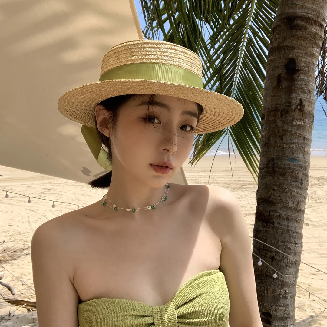 纯萃美洋气草帽女法式绿色渔夫帽平顶防晒帽户外遮阳帽帽子百搭