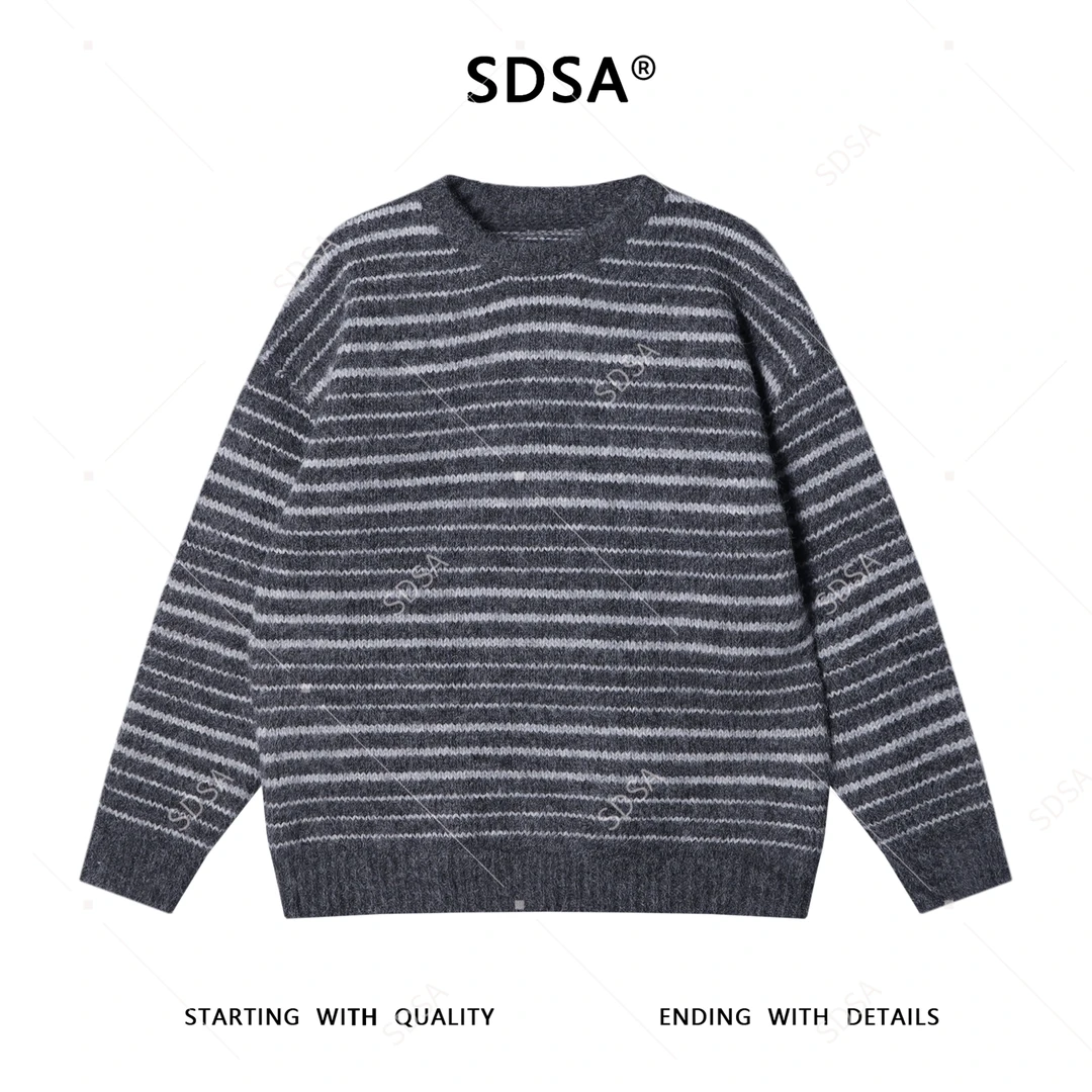 SDSA男士秋冬新款痞帅男装潮牌简约撞色条纹圆领针织衫毛衣百搭