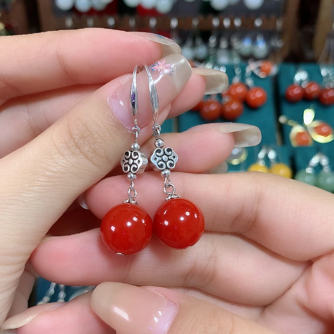 玛瑙/玉髓耳饰银S925镶嵌天然红玛瑙12mm左右（锦红）