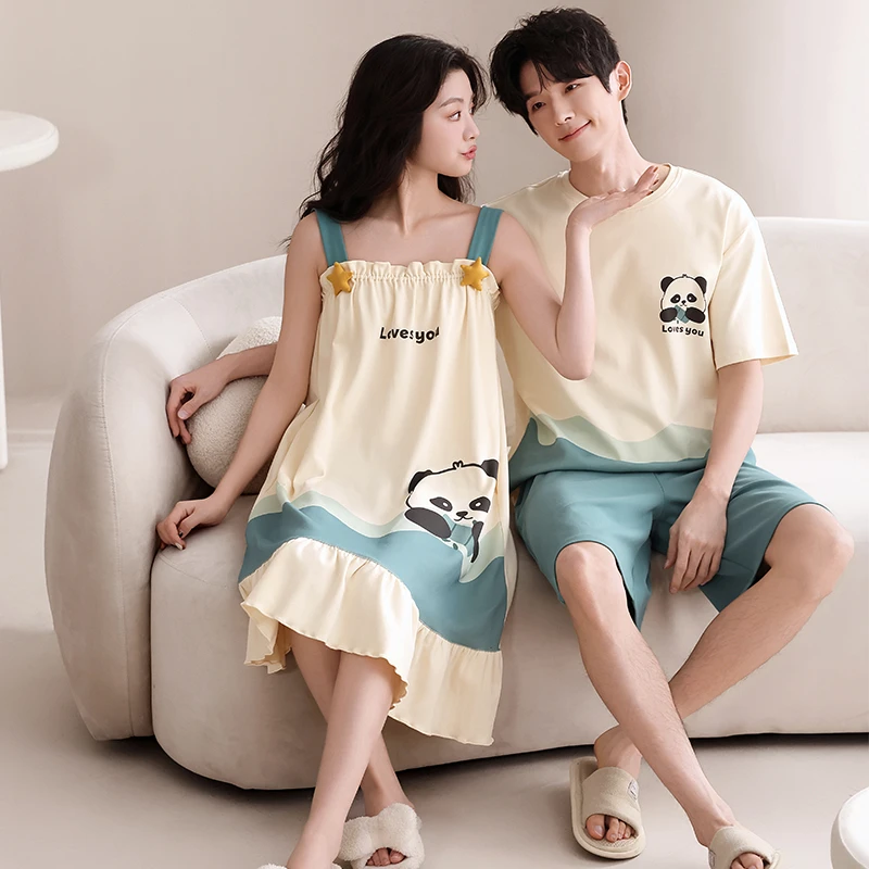 情侣睡衣夏季纯棉吊带一字领睡裙薄款可爱甜美风男宽松韩版家居服
