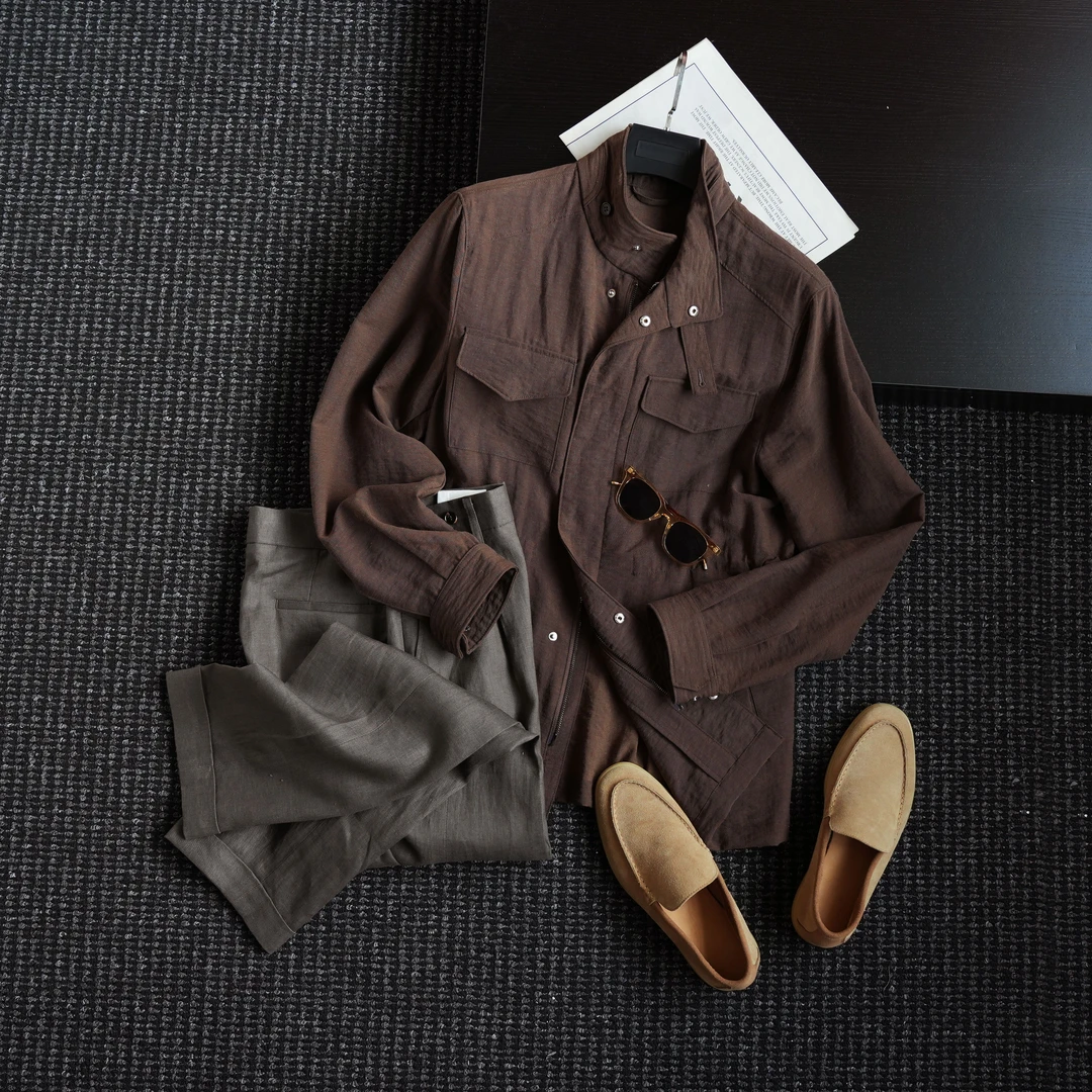 CssuGent早秋新品时尚立领泡泡纱复古猎装夹克男新贵老钱痞帅外套