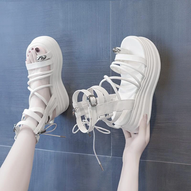 高帮增高罗马凉鞋女2025夏季新款小众设计凉靴子小白鞋厚底松糕鞋