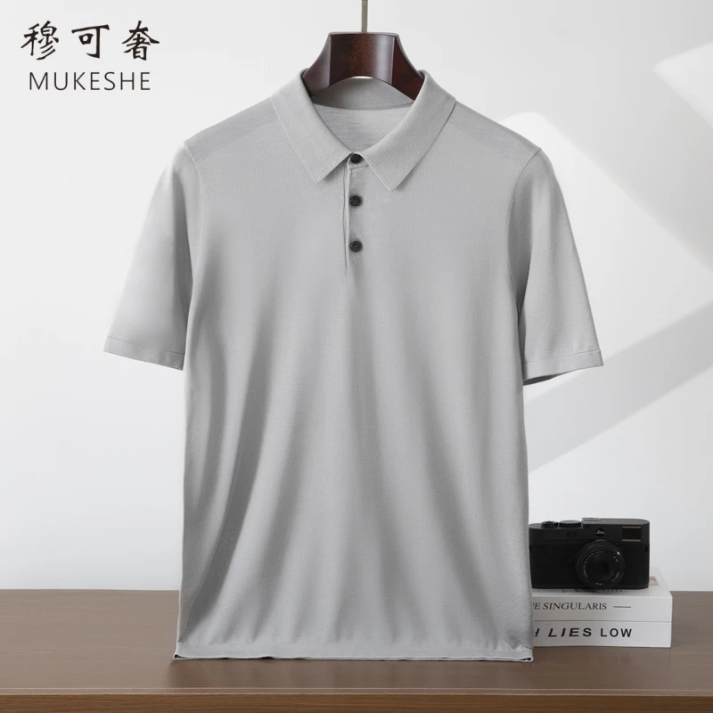 100%真丝夏季翻领短袖男商务休闲POLO衫精纺桑蚕丝超薄透气半袖