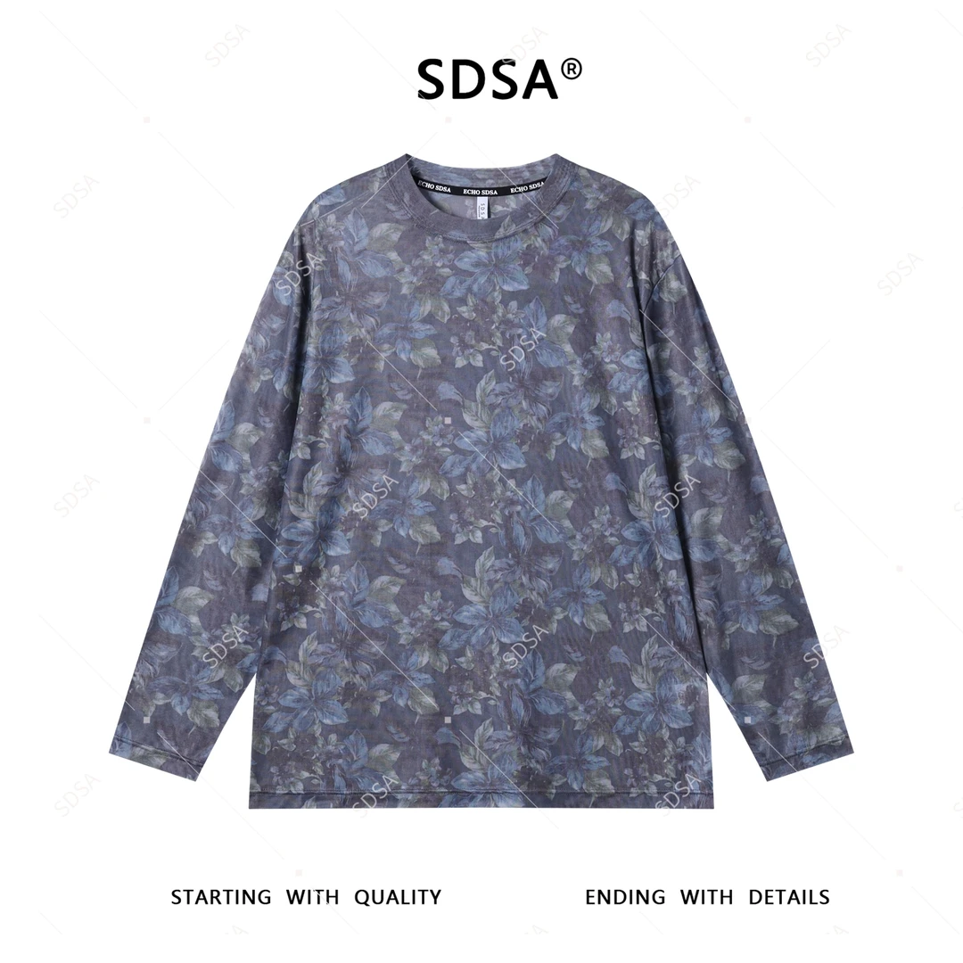 SDSA秋季新款男士痞帅简约休闲植物花卉圆领长袖T恤宽松百搭时尚