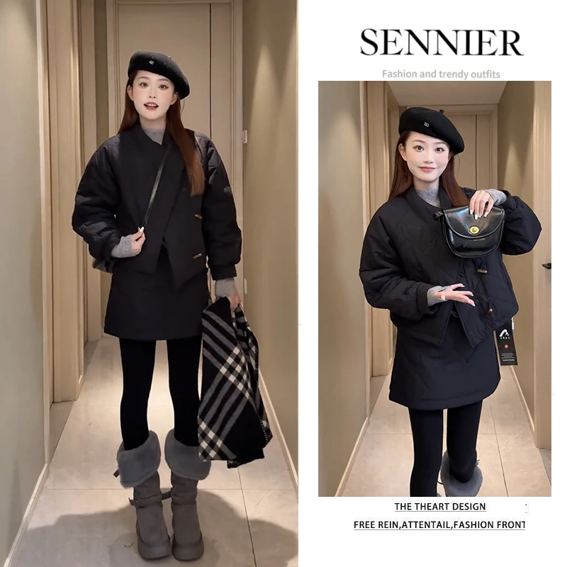 冬季穿搭一整套2026新款韩版洋气保暖棉服外套百搭休闲短裙两件套