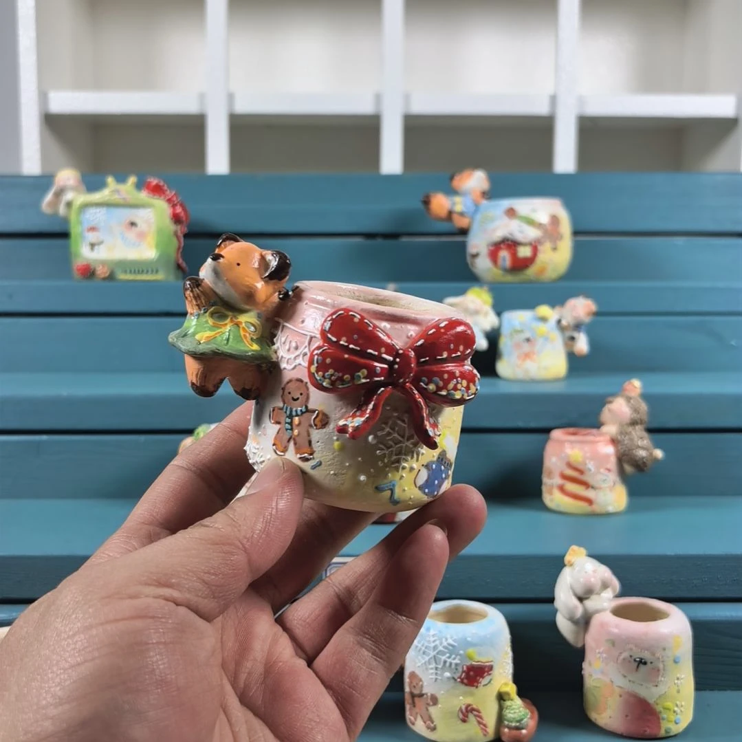 王***！蝴蝶结狐狸 手绘多肉花盆