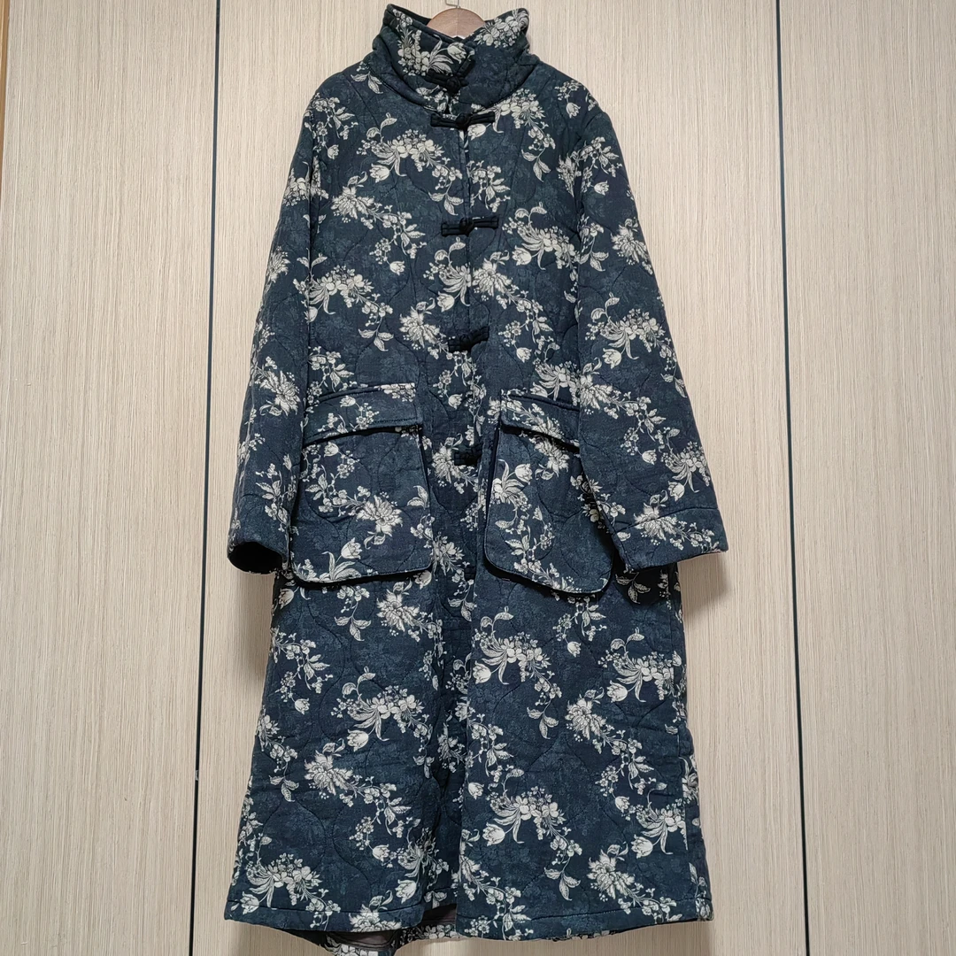 布麻小屋17718秋冬新款时尚百搭立领加棉长款棉麻立领印花长袍