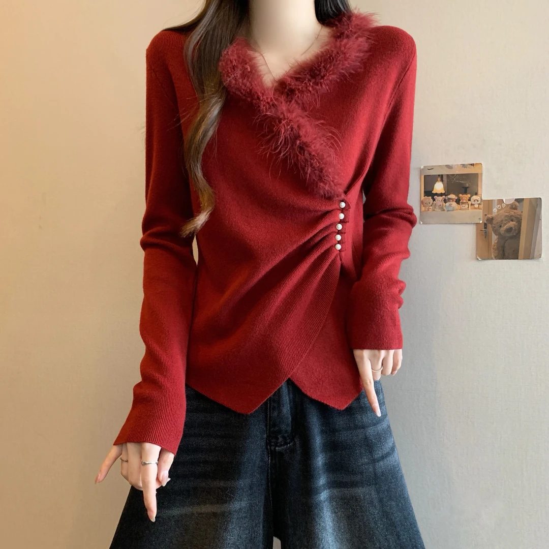 新年红法式V领毛衣打底衫秋冬女胖MM收腰显瘦高级感内搭上衣