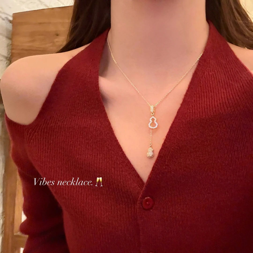 铜合金锆石项链 福禄双至 闪锆双葫芦流苏项链轻奢小众设计锁骨链