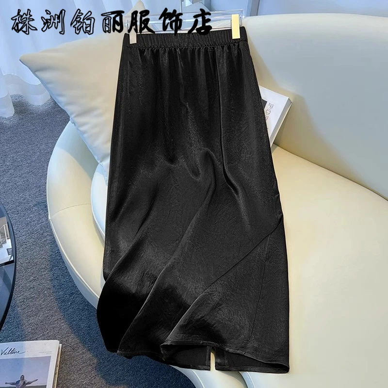 高腰黑色醋酸半身裙女夏季薄款侧开叉直筒裙国风印花包臀a字裙子