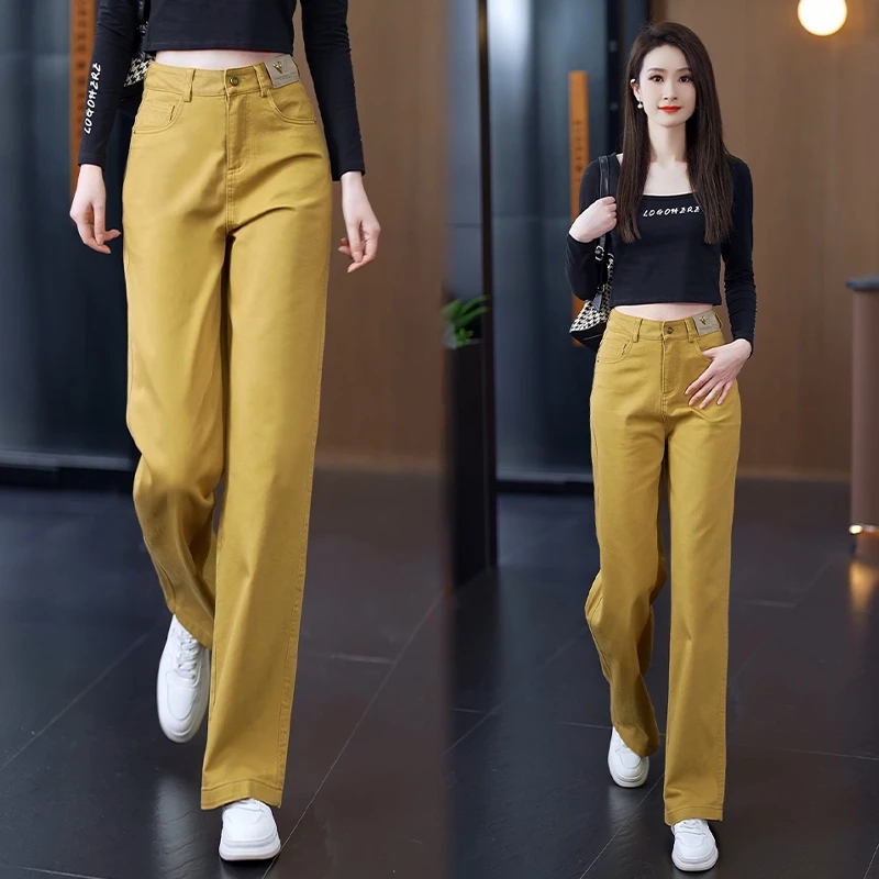 秋冬季休闲直筒裤女2025新款加绒米白色纯棉软牛仔阔腿裤高腰长裤