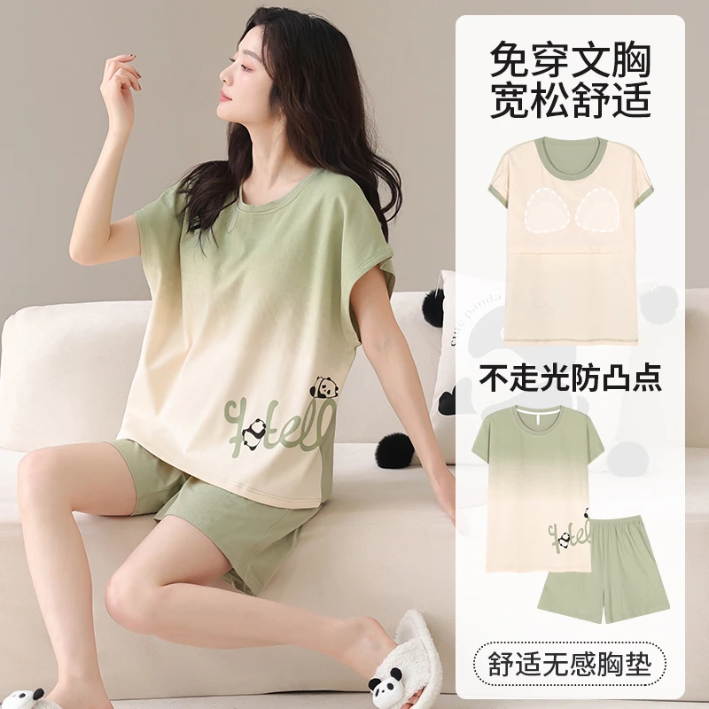 100%全棉睡衣女款夏季背心短裤夏天薄款纯棉卡通家居服套装带胸垫
