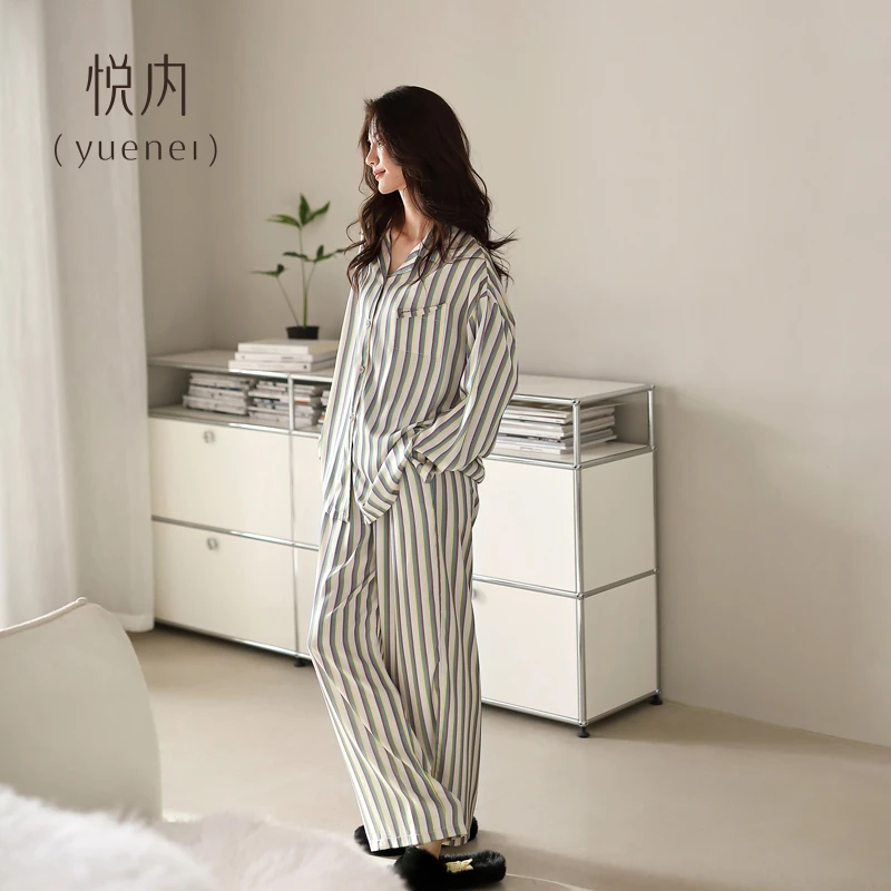 悦内【冰丝】春秋季长袖女士家居服条纹仿真丝绸高级感睡衣可外穿