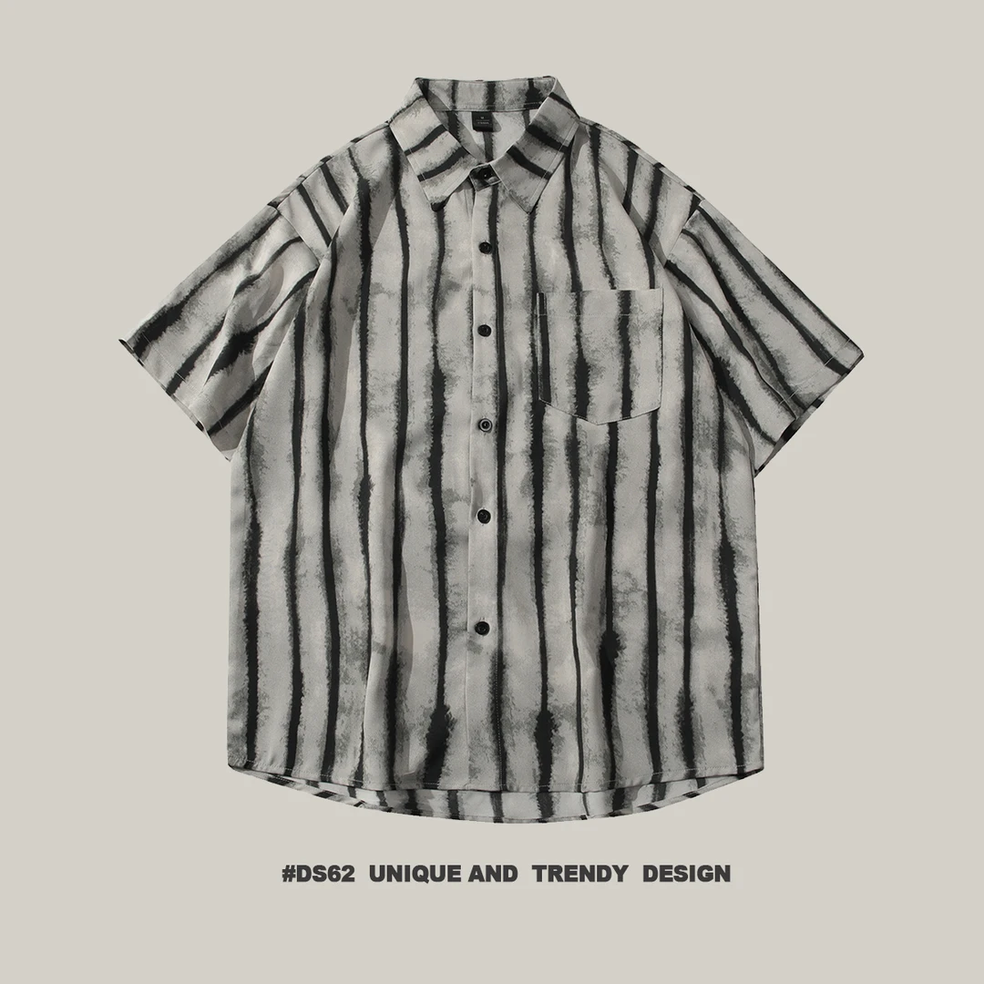 夏季冰丝条纹高级感男装薄款日系宽松休闲衬衫情侣款百搭短袖衬衣