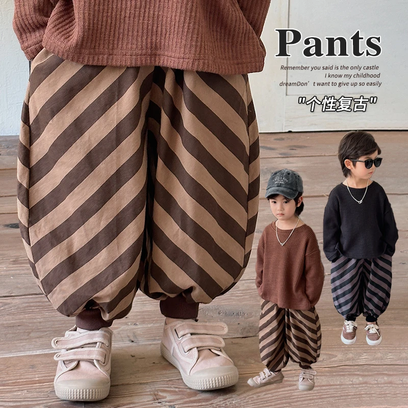【反季清仓】韩版儿童个性条纹灯笼裤KW08春男童女童撞色斜纹束脚裤