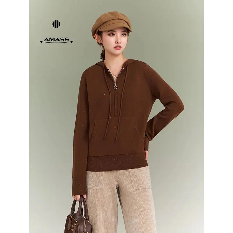 AMASS/阿玛施新款秋季质感简约百搭宽松长袖拉链连帽针织衫538083