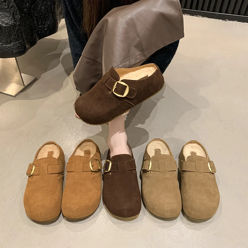 网红厚底加绒保暖勃肯鞋女秋冬新款皮带扣外穿法式防滑包头棉拖鞋